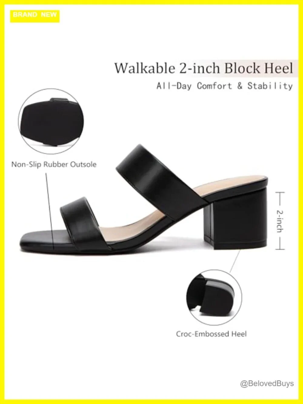 Women's Square Toe Two Strap Block Heel Sandals Dressy Slides Comfort Low